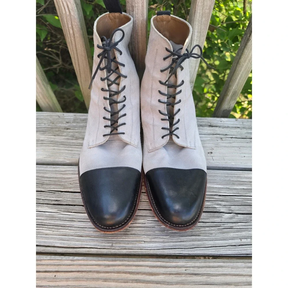 Grenson Suede Leather Cap Toe Lace Up Boots Grey Black 5183 Mens UK10F/US 11